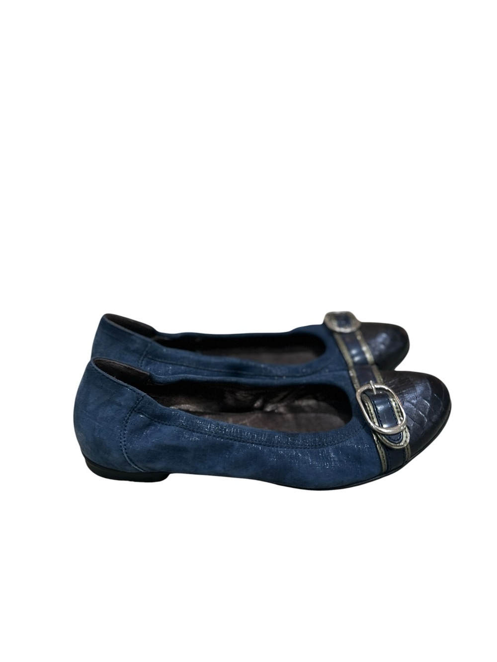 Agl Navy Suede Ballet Flats with Silver Buckle snake skin leather toe size eu 38